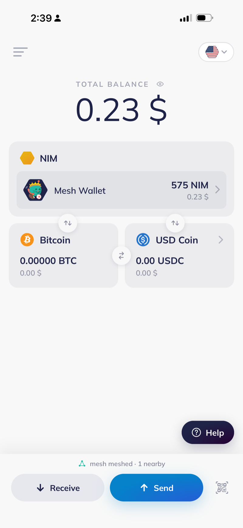 The NIMmesh wallet on an iPhone, its status line reading mesh meshed, 1 nearby.